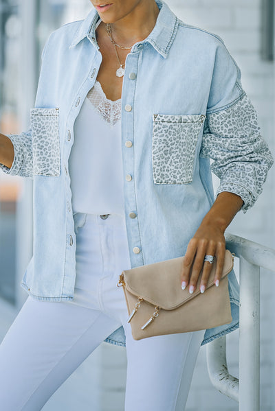 Sky Blue Contrast Leopard Denim Jacket-Outerwear-MomFashion