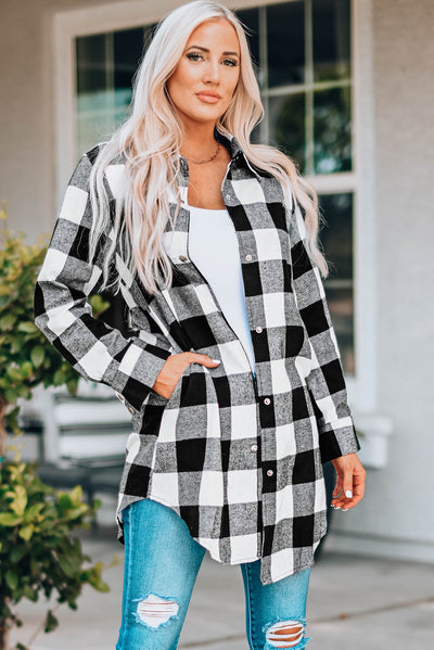 Black Turn-down Collar Plaid Shirt Coat-Outerwear-MomFashion