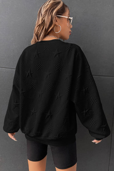 Black Star Embossed Textured Drop Shoulder Sweatshirt-Tops-MomFashion