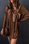 Brown Waffle Knit Buttoned Long Sleeve Top-Tops-MomFashion