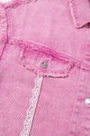 Pink Lace Patchwork Distressed Buttoned Denim Jacket-Outerwear/Denim jackets-MomFashion