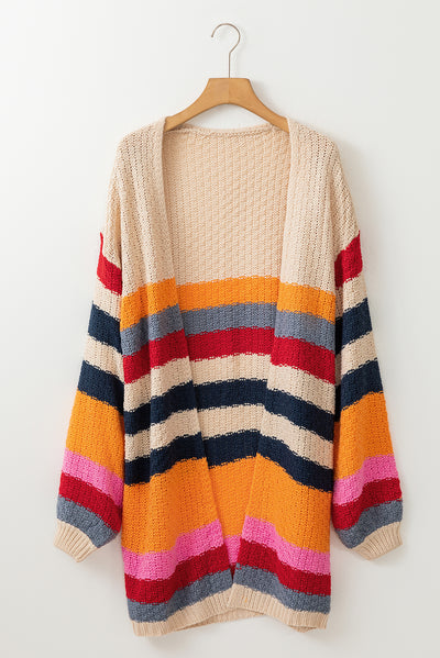 Stripes Knitted Balloon Sleeve Open Cardigan-Tops-MomFashion