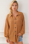 Brown Waffle Knit Button Up Casual Shirt-Tops-MomFashion