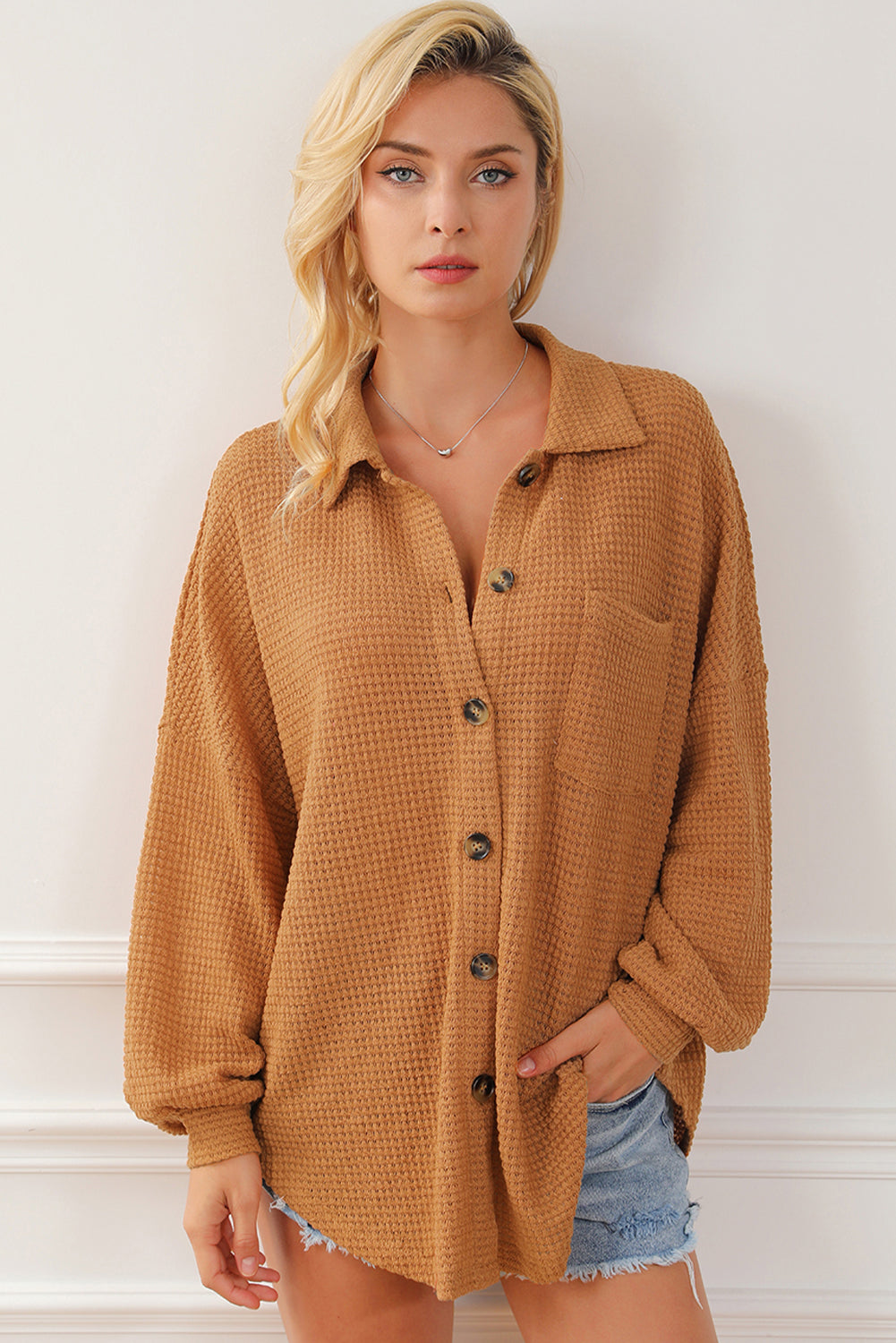 Brown Waffle Knit Button Up Casual Shirt-Tops-MomFashion