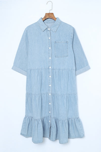 Sky Blue Ruffled Denim Full Buttoned Midi Dress-Dresses-MomFashion