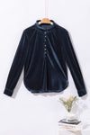 Navy Blue Frilled Neck Buttoned Front Velvet Top-Tops-MomFashion