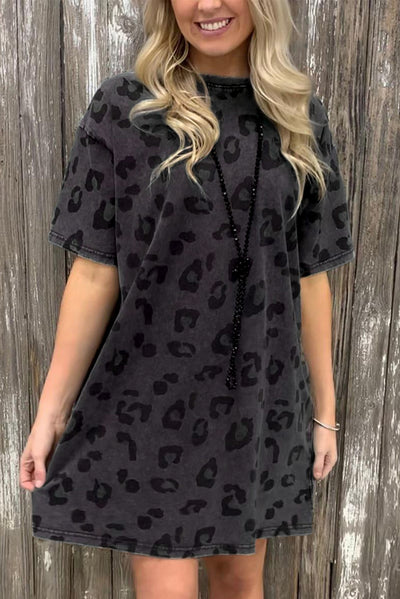 Gray Vintage Washed Leopard T-Shirt Dress with Pockets-Dresses-MomFashion