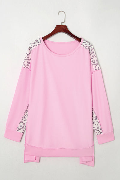 Pink Exposed Seam Leopard Splicing Plus Size Sweatshirt-Plus Size-MomFashion