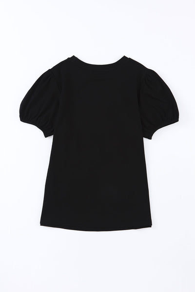 Black Embroidered Flower Short Puff Sleeve Tee-Tops-MomFashion