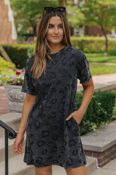 Gray Vintage Washed Leopard T-Shirt Dress with Pockets-Dresses-MomFashion