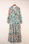 Multicolor Bohemia Print V Neck Ruffle Long Sleeve Maxi Dress-Dresses-MomFashion