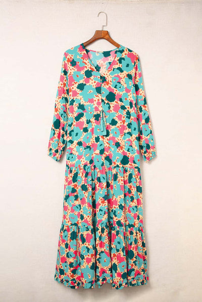 Multicolor Bohemia Print V Neck Ruffle Long Sleeve Maxi Dress-Dresses-MomFashion