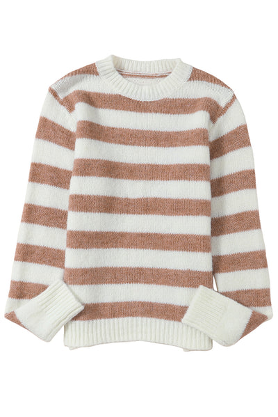 Brown Striped Round Neck Casual Sweater-Tops-MomFashion