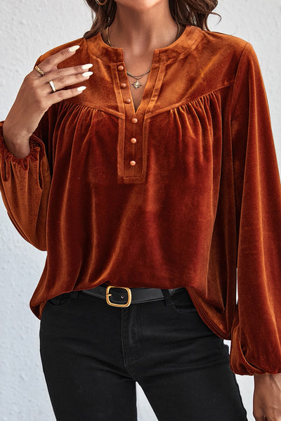 Gold Flame Lantern Sleeve Beaded Split V Neck Velvet Top-Tops-MomFashion