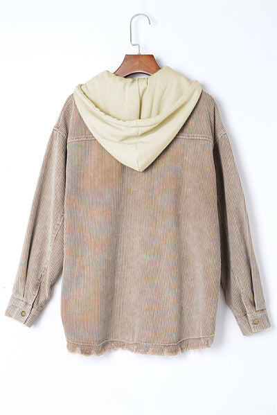 Khaki Patchwork Hooded Corduroy Shacket-Outerwear-MomFashion