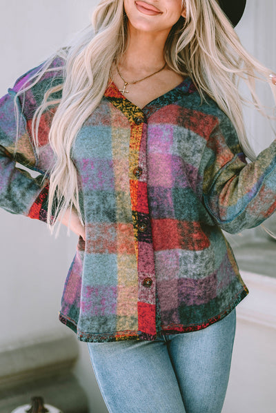 Multicolor Brushed Checked Western Buttoned Jacket-Outerwear-MomFashion