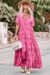 Pink Paisley Print Boho Holiday Ruffle Tiered Maxi Dress-Dresses-MomFashion