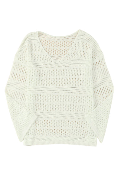 White Hollow Out Crochet V Neck Pullover Sweater-Swimwear-MomFashion