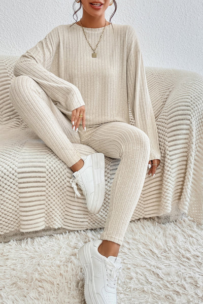 Apricot Ribbed Knit Loose Long Sleeve Top Skinny Pants Set-Loungewear-MomFashion