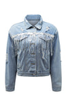 Sky Blue Sequin Embellished Fringe Distressed Denim Jacket-Outerwear-MomFashion