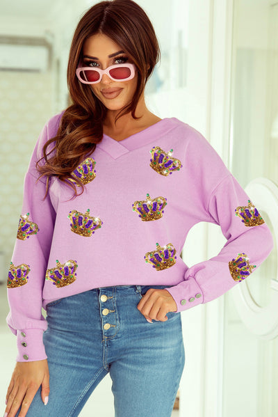 Purple Mardi Gras Sequin Crown V Neck Pullover-Graphic-MomFashion