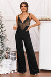 Black Lace V Neck Bodice Spaghetti Straps Wide Leg Jumpsuit-Bottoms-MomFashion