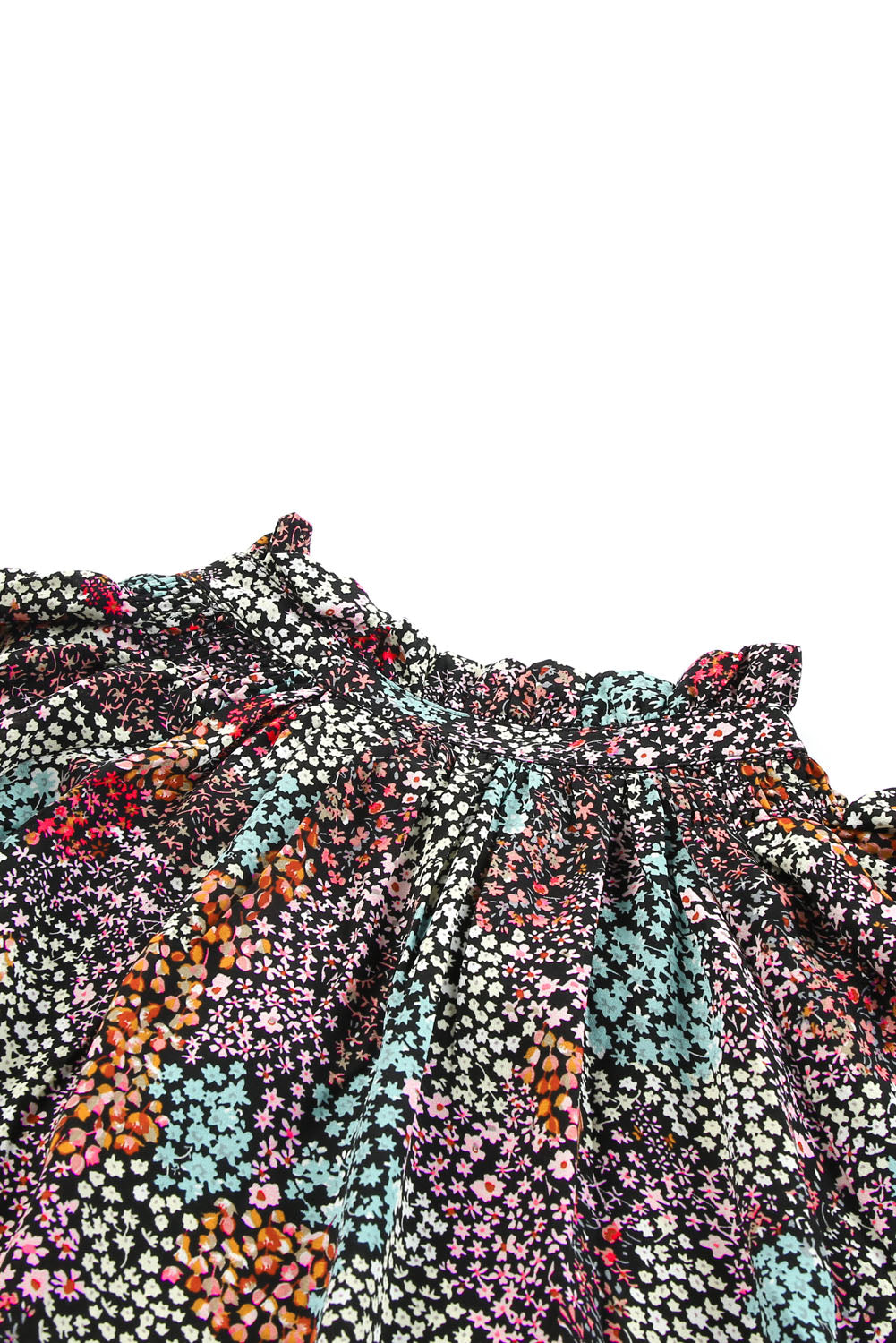 Multicolor Vibrant Floral Tie V Neck Puff Sleeve Blouse-Tops-MomFashion