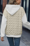 Beige Drop Shoulder Quilted Patchwork Kangaroo Pocket Hoodie-Tops-MomFashion