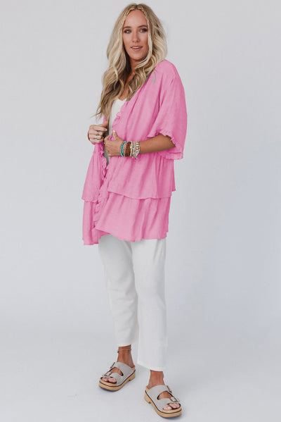 Pink Ruffled Trim Half Sleeve Open Front Kimono-Outerwear-MomFashion