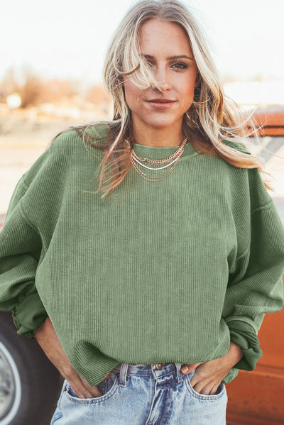 Green Ribbed Corded Oversized Sweatshirt-Tops-MomFashion