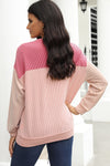 Pink Color Block Long Sleeve Ribbed Loose Top-Tops-MomFashion