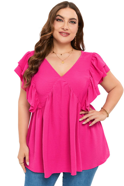 Plus Size Ruffle V Neck Tie Back Tunic Top-Plus Size-MomFashion