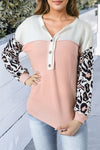 Pink Leopard Sleeve Patchwork Waffle Knit Top-Tops-MomFashion