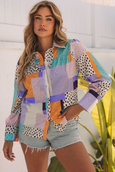 Multicolor Mixed Print Button Front Cuffed Sleeve Shirt-Tops-MomFashion