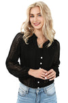 Black V-Neck Long Sleeve Button Up Lace Shirt-Tops-MomFashion