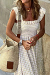 Khaki Plaid Ruffled Sleeve Smocked Maxi Dress-Dresses-MomFashion