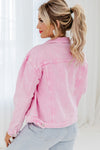 Pink Acid Wash Button Flap Pocket Denim Jacket-Outerwear-MomFashion