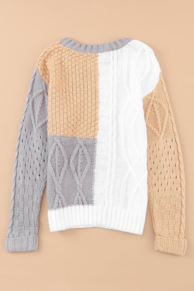 Brown Colorblock Mixed Textured Sweater-Tops-MomFashion