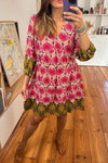 Strawberry Pink Retro Printed V Neck Bracelet Sleeve Dress-Dresses-MomFashion