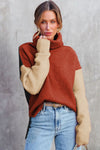 Clay Red Color Block Turtle Neck Drop Shoulder Knit Sweater-Tops-MomFashion