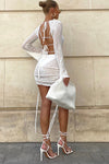 White Strappy Tie Back Cutout Sheer Knit Bell Sleeve Cover Up-Swimwear-MomFashion