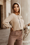 Khaki Crew Neck Gathered Stretch Cuff Shirt-Tops-MomFashion