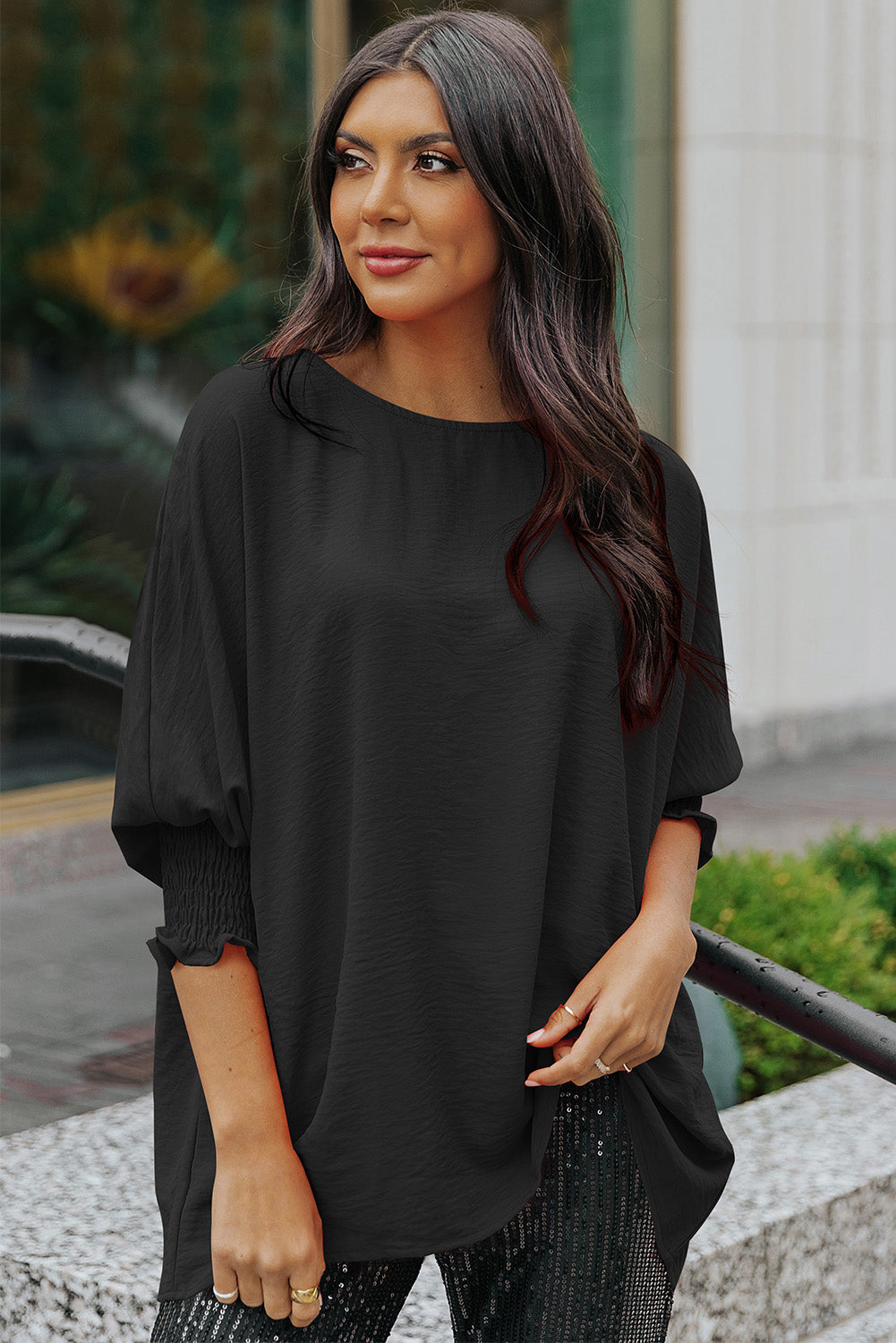 Black Smocked Wrist Shift Top-Tops-MomFashion