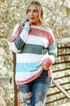Green Plus Size Colorblock Pullover Top-Plus Size-MomFashion