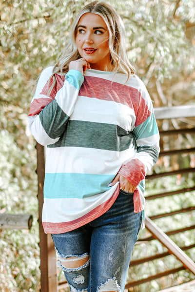 Green Plus Size Colorblock Pullover Top-Plus Size-MomFashion