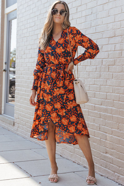 Orange Floral Print Faux Wrap Belted Dress-Dresses-MomFashion