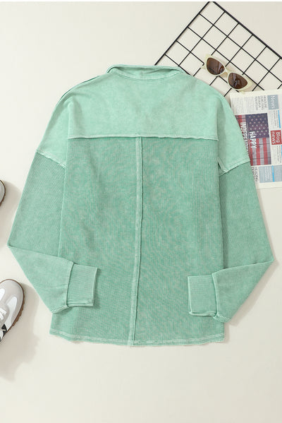 Laurel Green Waffle Exposed Seam Pocket Henley Sweatshirt-Tops-MomFashion