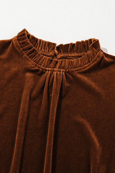 Chestnut Frilled Collar Puff Sleeve Velvet Top-Tops-MomFashion