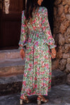 Green Floral Print Deep V Neck Ruched Cinched Waist Maxi Dress-Dresses-MomFashion