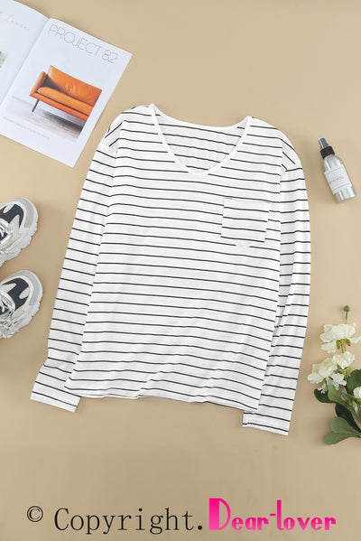 Striped V Neck Long Sleeve Top-Tops-MomFashion